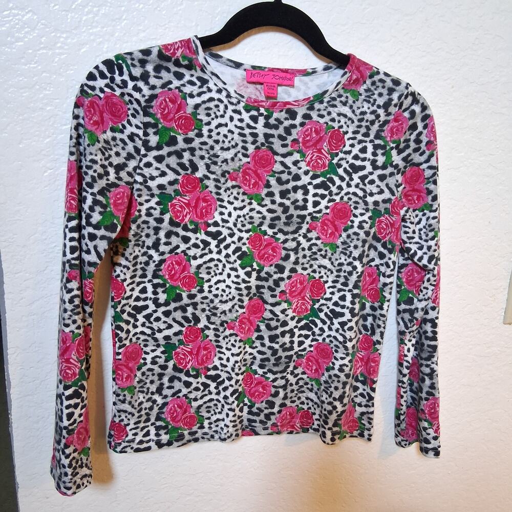 Betsey Johnson long Sleeve Sweater black white leopard Rose Junior XL 14